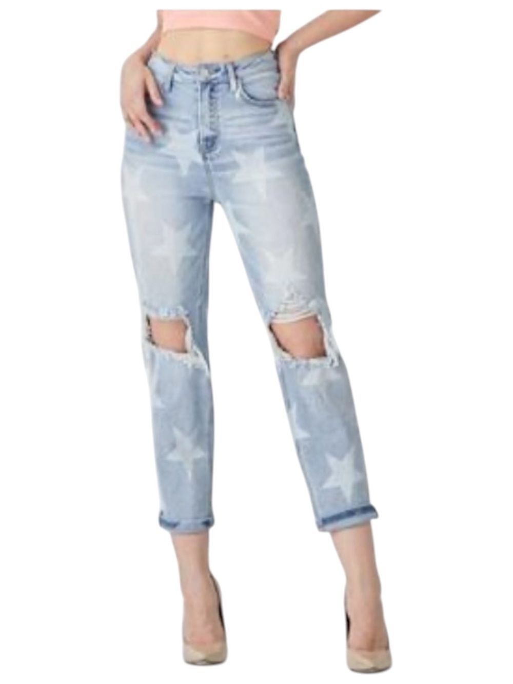 7149. Risen High-Rise Light Wash Star Print Distressed Jeans